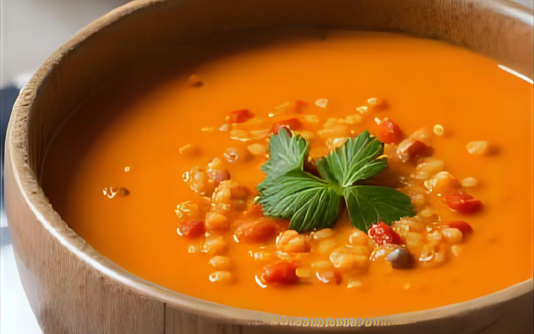 Bol de soupe de lentilles corail au lait de coco, onctueuse et crémeuse, parsemée de coriandre fraîche, servie chaude dans un bol clair, cuisine sans gluten et halal inspirée de la cuisine indienne.