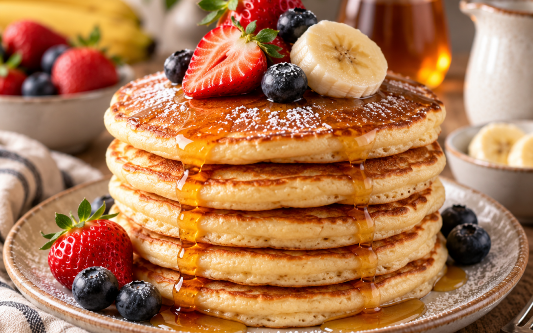 Pancakes maison moelleux garnis de fruits frais et de sirop d'érable