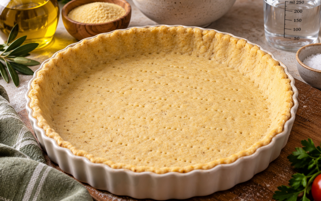 Fond de tarte salé maison étalé dans un moule à tarte, accompagné de farine, de semoule fine et d'huile d'olive