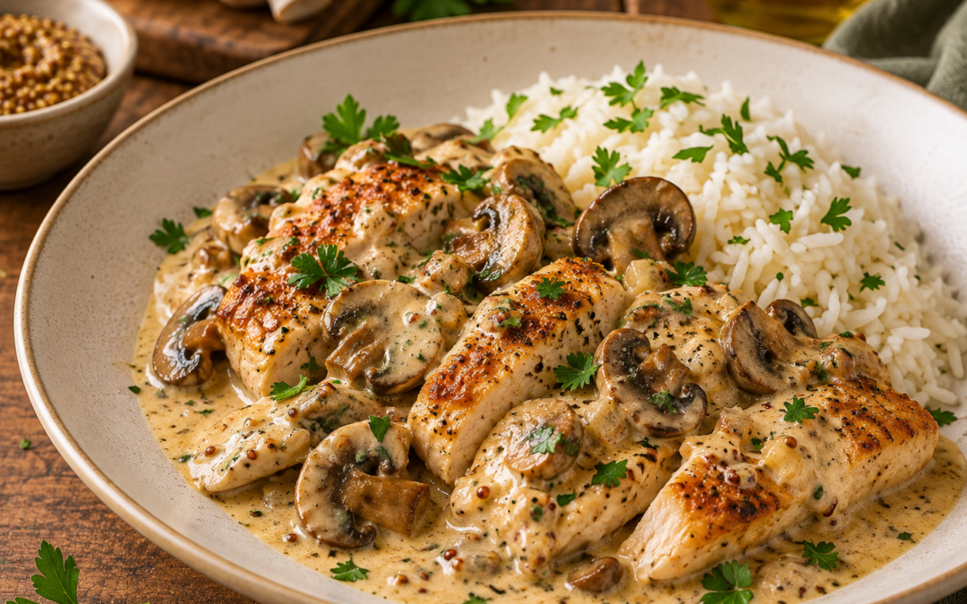 Poulet crémeux à la moutarde et aux champignons accompagné de riz